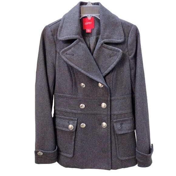Esprit Pea Coat Womens Small Gray Wool Double Breasted Silver Buttons Preppy - Picture 1 of 7